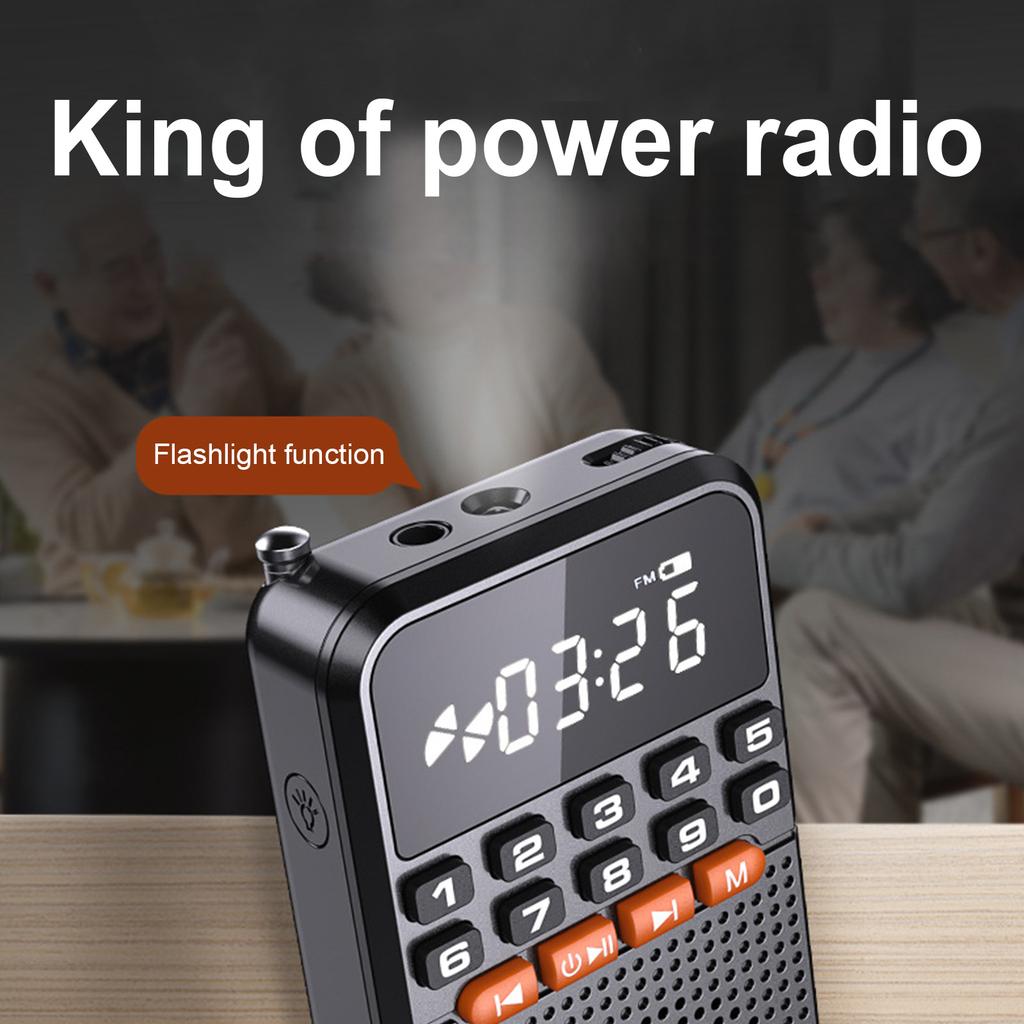 Portable Mini FM Radio 5.0 Rechargeable LED Display for Seniors with Flashlight and Clock
