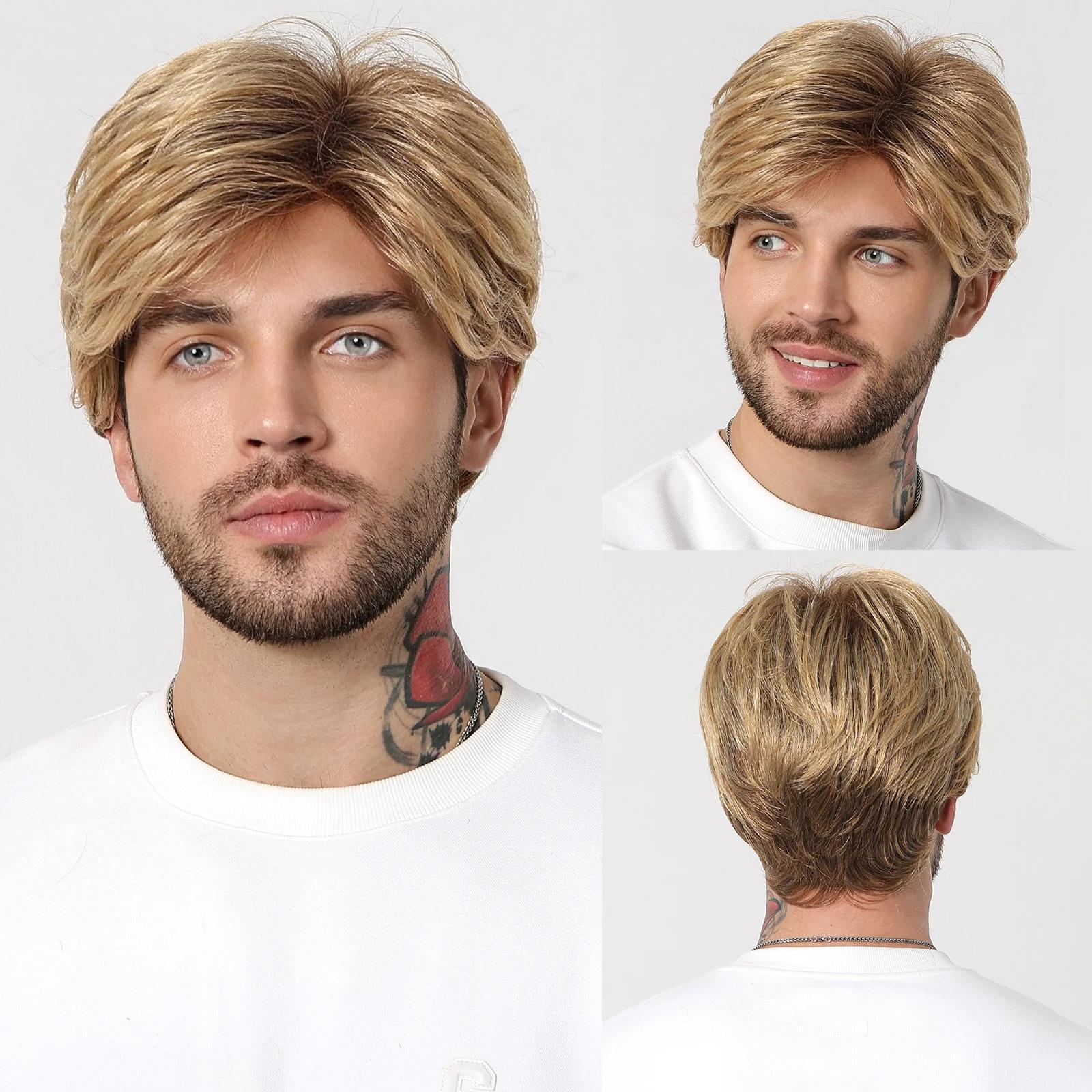 

ALAN EATON Блондинка Мужской синтетический парик Короткий пушистый многослойный парик Натуральный светлый парик для мужчин Ежедневный косплей Термостойкий