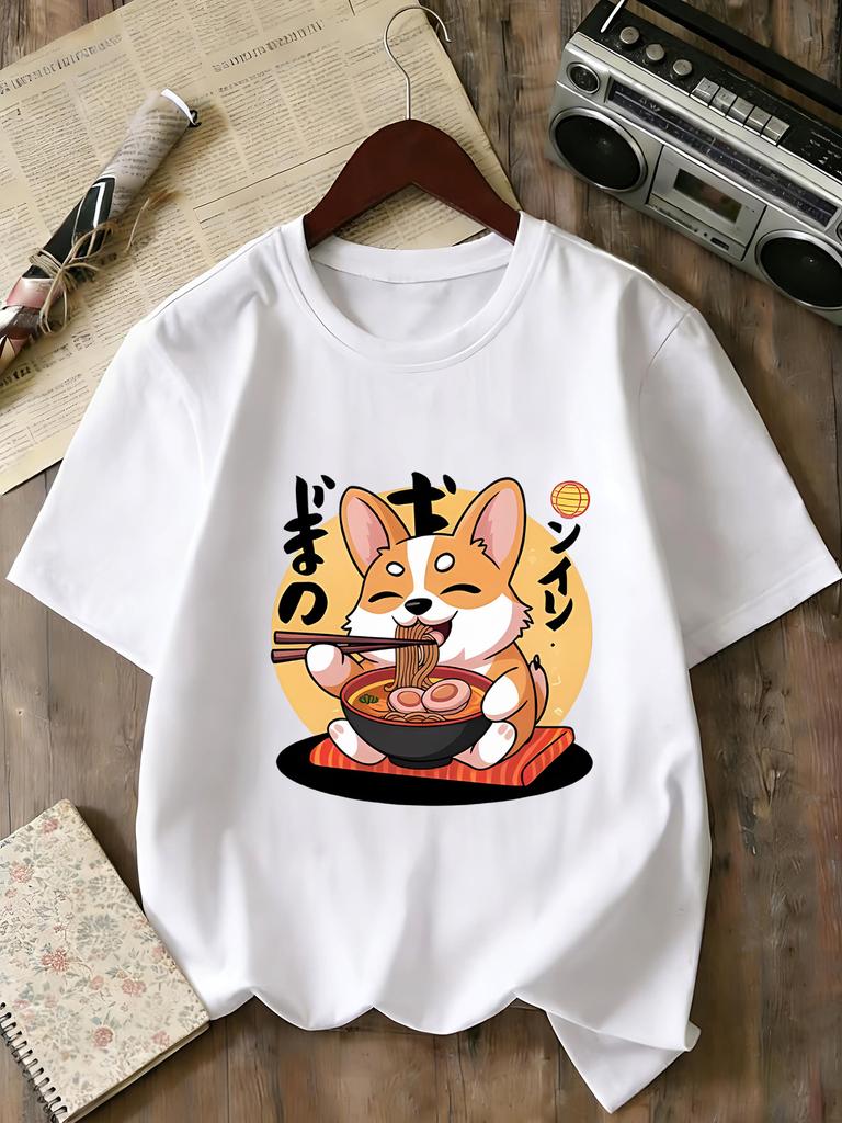Cartoon Kawaii Ramen Corgi Graphic T Shirt Family Matching Boys Girls Kids Short Sleeve Casual Cute Puppy Children Daily Tops