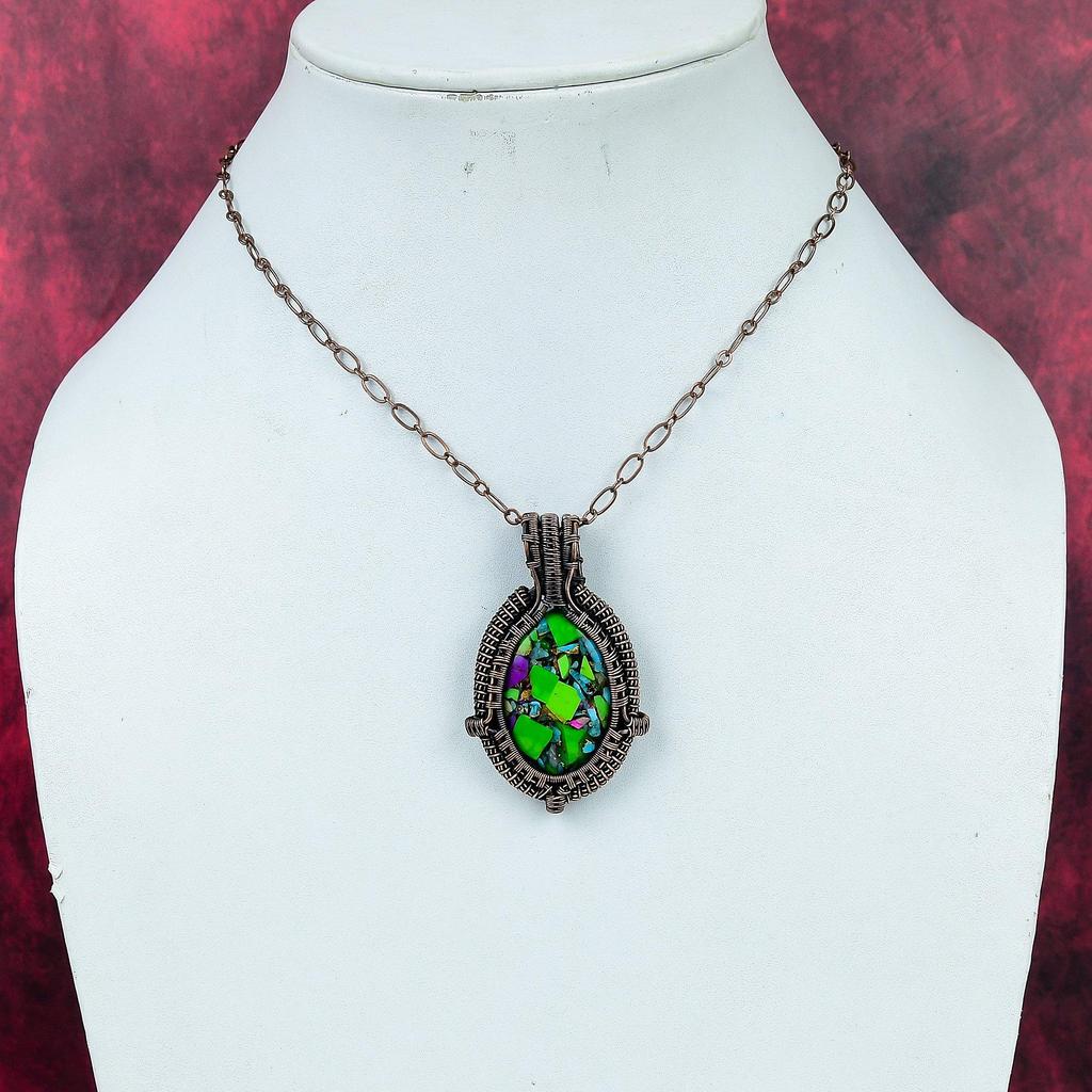 Fiesta Kingman Turquoise Gemstone Pendant Copper Wire Wrapped Handmade Pendant