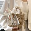 Yogodlns Floral Embroidery Bow Decor Straw Bag Woven Hollow Shoulder Bucket Bag Holiday Beach Bag Summer Crossbody Bag Handbag