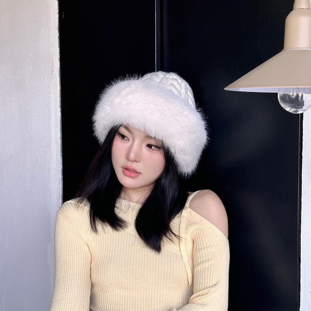 Keep Warm Plush Fisherman Hat Thicken Winter Women Hat Simple Faux Fur Bucket Hat  Outdoor белый