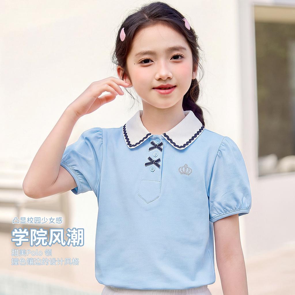 Girls' Summer Lapel College Style Polo Shirt Top, Breathable Mid Size Children's Bubble Sleeves, Children's Short Sleeved T-shirt