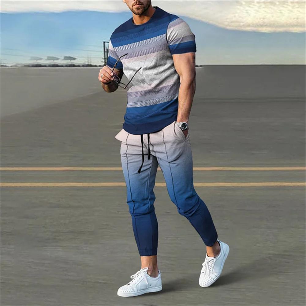 Men's Trousers Tracksuit 2 Piece Set Fashion Casual Sportswear Summer Short Sleeve T Shirt Long Pants Clothing