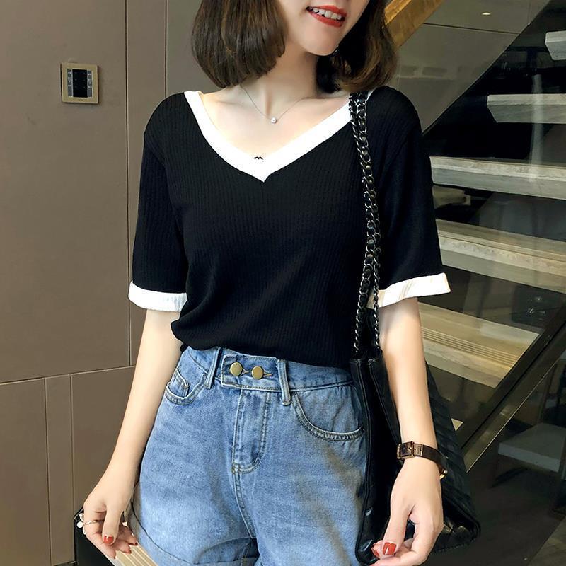 Spring Sum Thin Korean Fashion T-Shirts Casual V-neck Pullovers Solid Color Loose Short Sleeve Comfortable Women's Clothing 2023