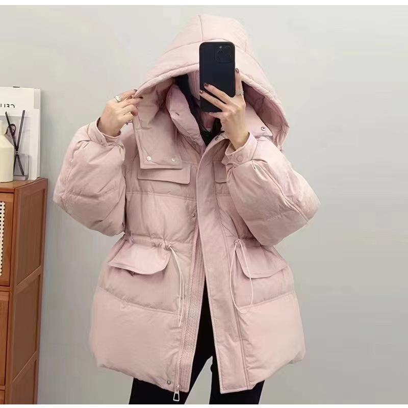 Hooded tooling down jacket women's short 2024 winter new waist loose fashion white duck down jacket large size tide