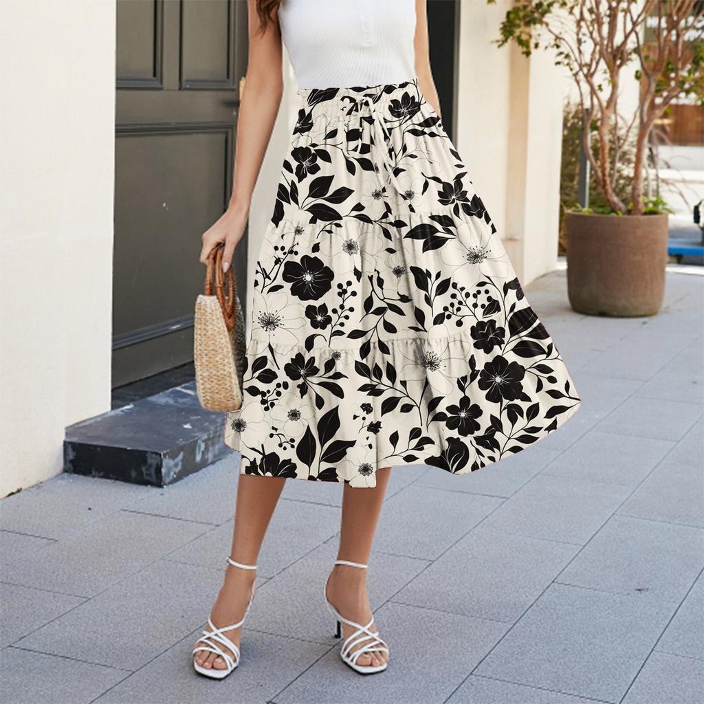 Dámská ležérní a módní květinový tisk elastický pas volná sukně volná sukně