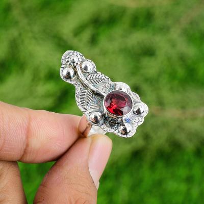 Pietra Granato del Mozambico Argento 925 Anello Nuovo Gioiello Fiore Impilabile Mamma