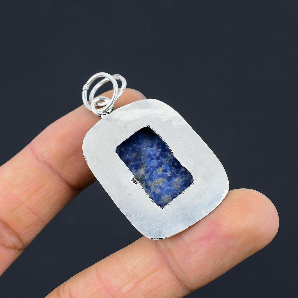 Sodalite Stone Boho Sister Bezel Third Eye Chakra Art Deco Pendant 925 Silver