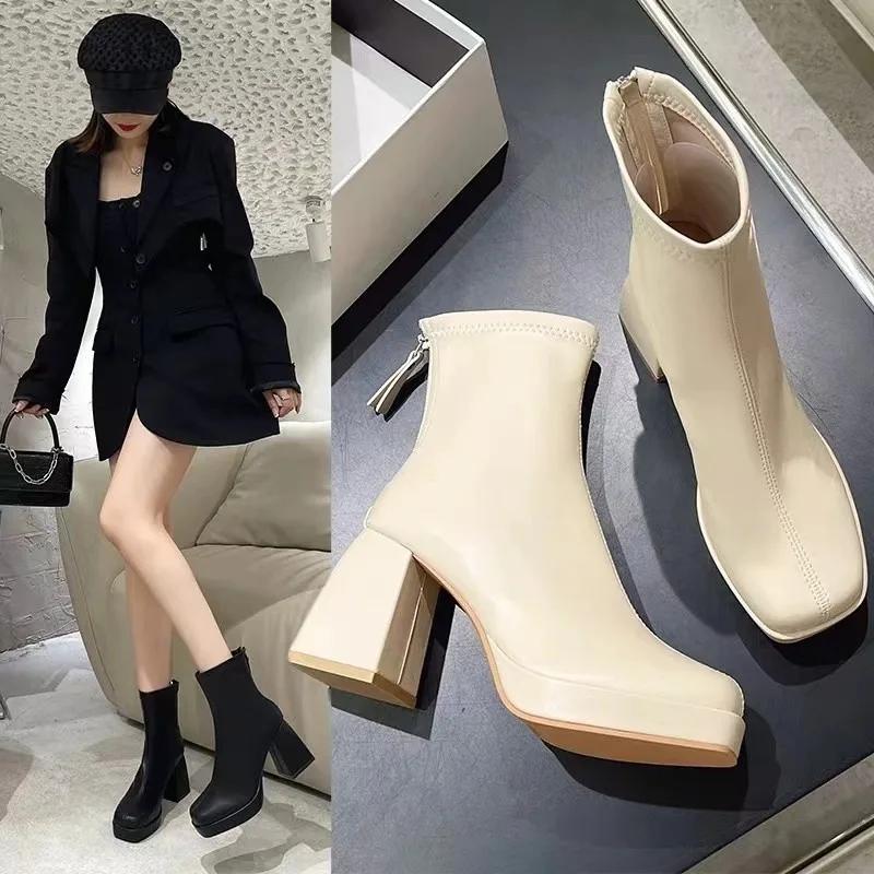 Women's Shoes On Sale 2024 High Quality Zipper Women's Boots Winter Square Toe Solid Dress Short Barrel Block Heel Fashion Boots