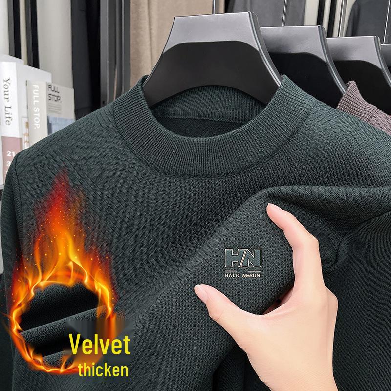 Men's Thick Plush Fleece Knit Top - Round Neck, Warm Base Layer for Winter/Autumn