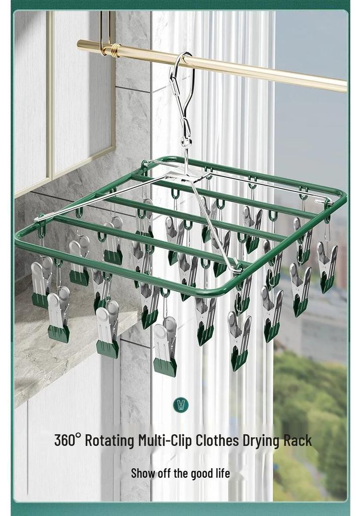 Rotatable Stainless Steel Clothes Drying Rack with 18 Windproof Rubber-Coated Clips for Socks and Underwear
