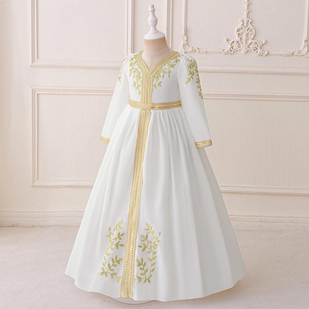 Rochie de seară din șifon brodat cu mâneci lungi pentru fete, cu fustă cu panglică