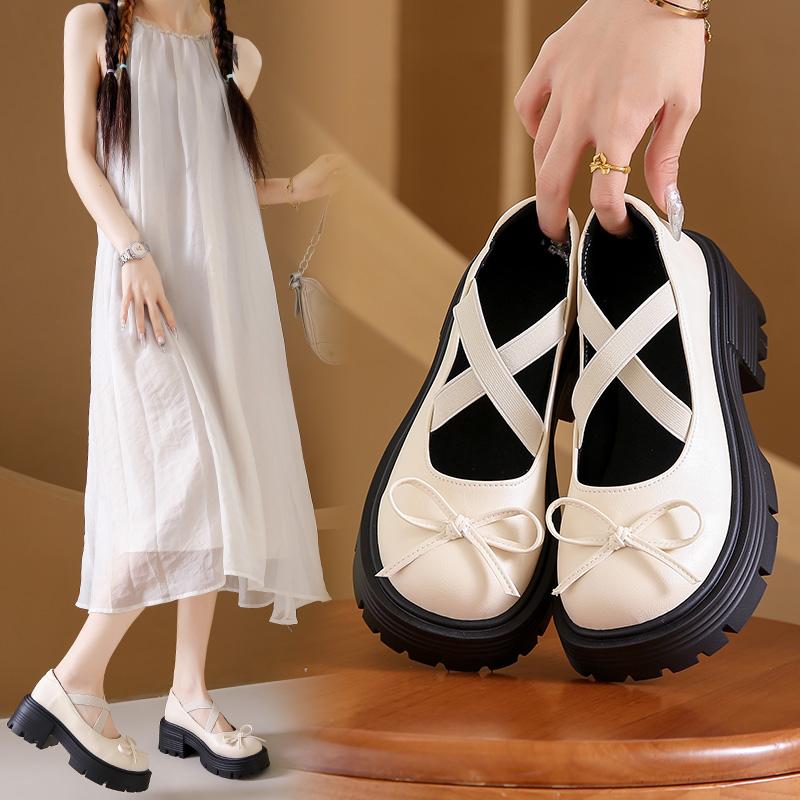 Silver  Platform Pumps  2025 Autumn Bowtie Crossed Straps  Jane Shoes Woman Pu Leather Thick Heeled Jk Shoes