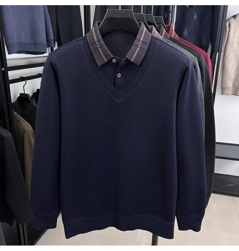 Men's Winter Thickened Knit Sweater with Lapel - Business Casual, Plus Velvet, Fake Two-Piece Design