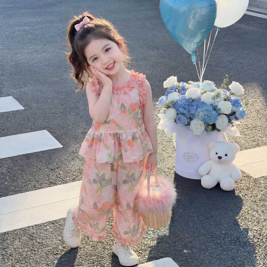 Girl Flower Summer Sleeveless Twopiece Outfit With Soft Polyester Fabric For Kids Age 3 To 8