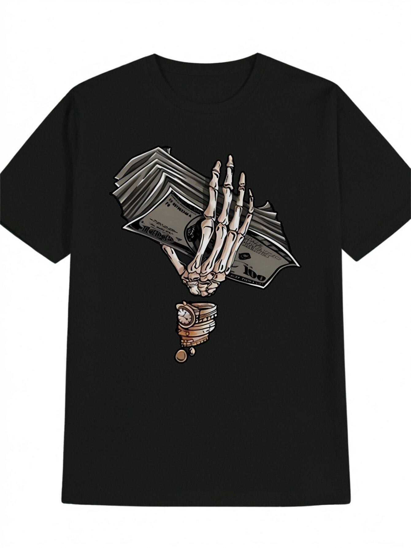 Casual Crew Neck T-shirt with Skull & Money Graphic Print XXXL