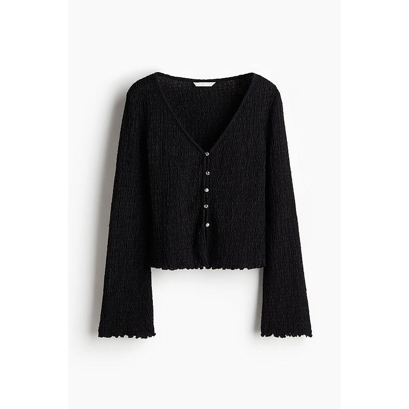 

HM Women s T-shirt 2025 Autumn New Arrival Metal Button Silm Deep V Neck Texture Sense Long Sleeves Tops 1283685