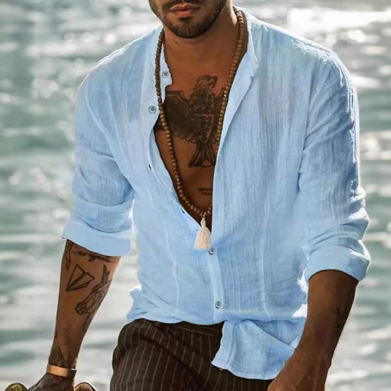 

Мужская рубашка летняя рубашка пляжная рубашка с длинным рукавом однотонная хенли весна и осень уличная повседневная одежда XXXL небесно-голубой