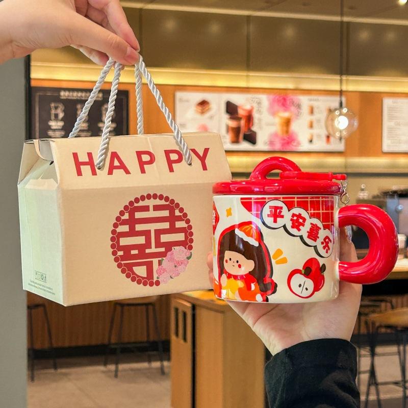 High-value Cute Festive Boys and Girls Drinking Cup Couple Ceramic Mug with Lid Spoon for Girls' Birthday Gifts