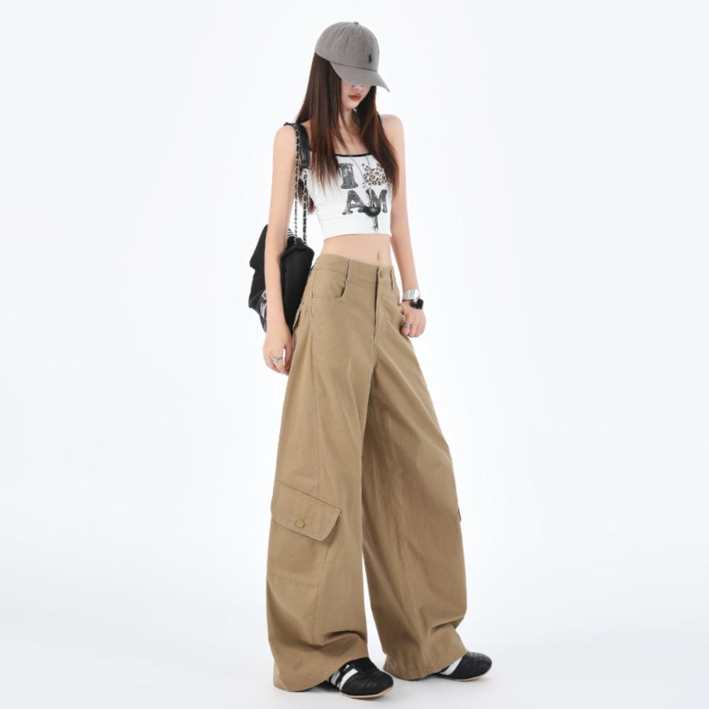 Women's High Waist Solid Color Cargo Pants Loose Fit Streetwear Wide Leg Trousers