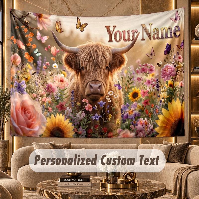 Highland Cow (202) Theme Personalized Tapestry Custom Name Text Wall Hanging Tapestry Home Background Decoration