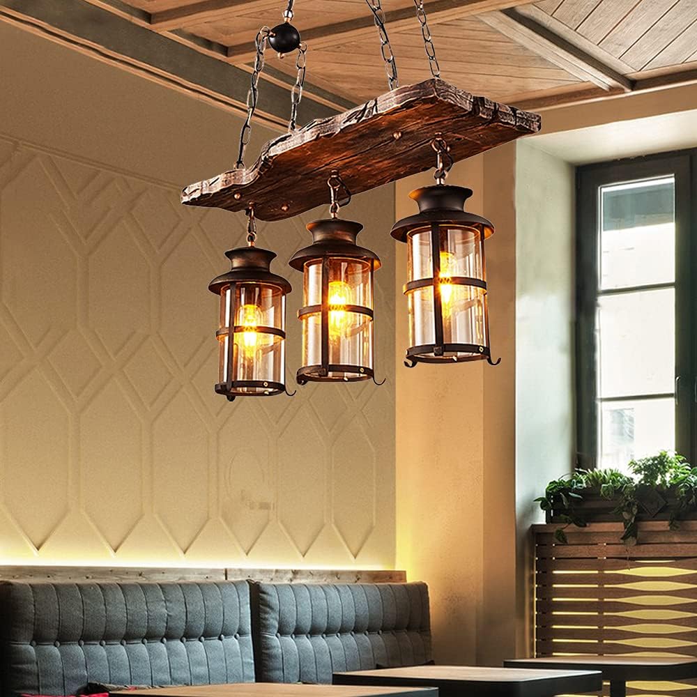 

3-Light Kitchen Island Pendant Lamp Wood Iron Chandelier Industrial Ceiling with Glass Lampshade for Living Room E26/E27 Base