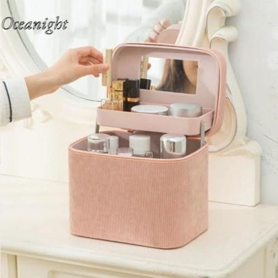Oceanight Cosmelux Makeup Box Mirror Large Capacity Cosmetic Pouch Portable Compact Storage Vanity Case Stylish Travel Hotel Outdoor Multifunctional