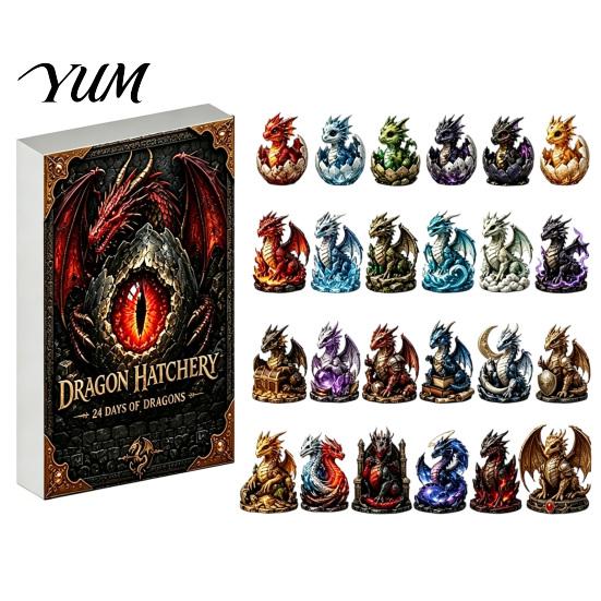 Desktop Display Figures Dragon Advent Calendar with 24 Acrylic Ornaments, 2D Hatchery Themed Desk Decor Countdown Box Set, Fantasy Figurines,