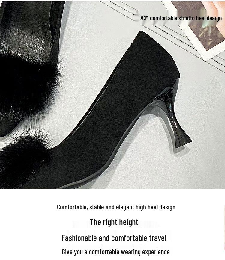 Women's Fashionable Furry Stiletto Heels - Comfortable, Versatile, Pointed-Toe High Heels for Autumn/Winter.