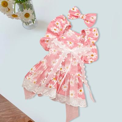 Yousheng Summer Dog Dress Cute Bow Hairpin Floral Print Elegant Outfit Breathable Casual Wear Bow-knot Lace Princess Dress Pet Cat Two-legged Clothing