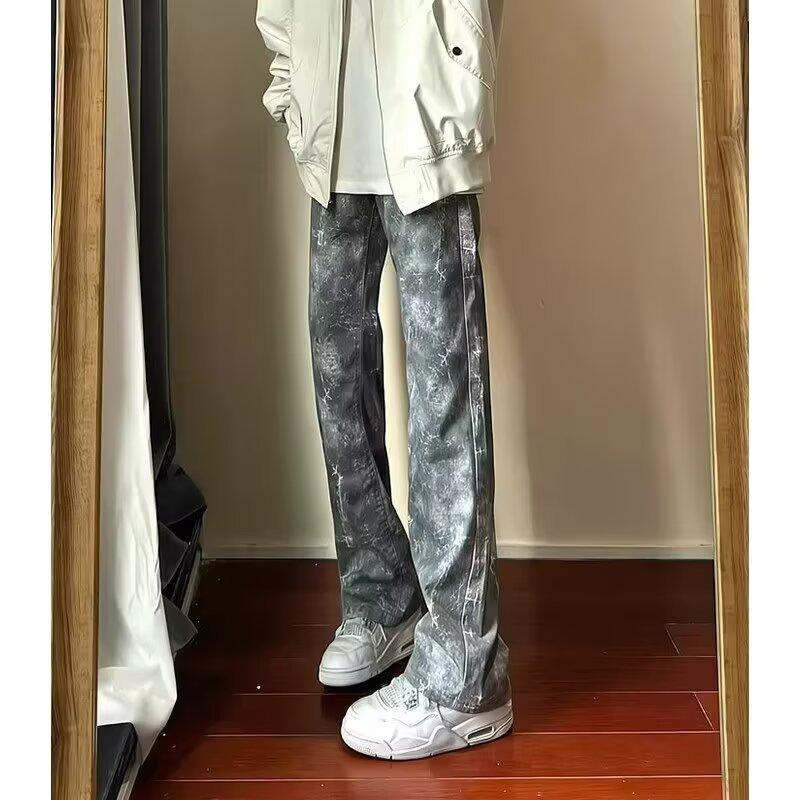 American High Street Snow Pattern Jeans Men's Autumn Niche Design Tie-dyed Pants High Waist Drape Straight and Slightly Pulled Pants