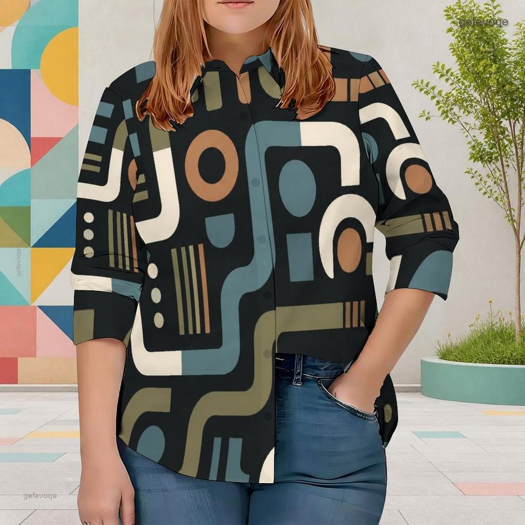 Women Plus Size Collared Neck Long Sleeve Geometric Printed Button Front Curved Hem Shirt