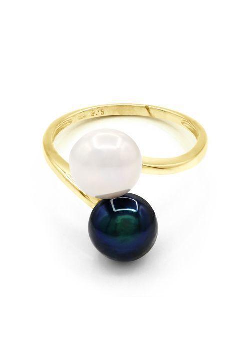 Bague - PERLINEA - Véritables Perles d'Eau Douce 7-8 mm - Or Jaune - Blanc Naturel & Noir Tahiti