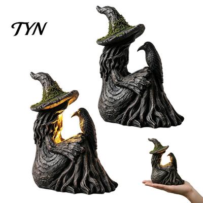 Unique Resin Craft Gifts Luminous Witch & Raven Figurine with Mossy Tree Texture, Gothic Home Tabletop Decoration Statue LED Light for Halloween