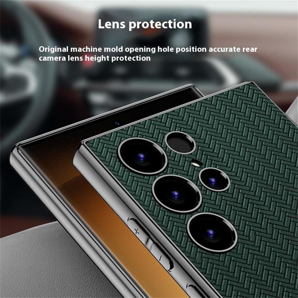For Samsung Galaxy S23 Ultra Case Woven Pattern Electroplating TPU+PC+PU Phone Back Cover