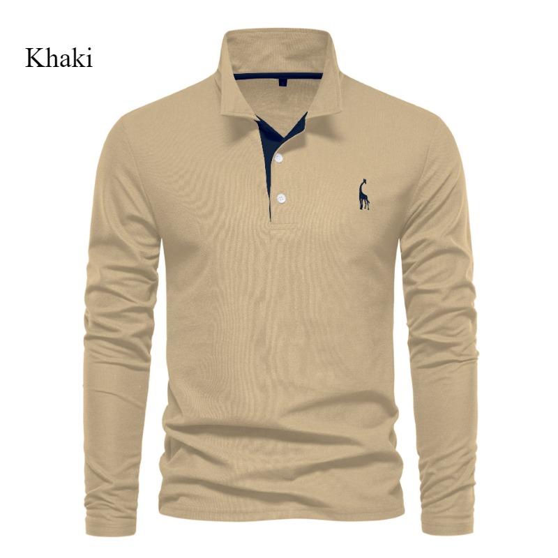 

Однотонная мужская рубашка поло с длинным рукавом, хлопковая рубашка поло, модная повседневная рубашка с вышивкой цвета олененка 2XL хаки