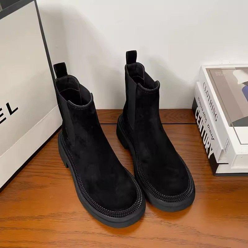 Botine Chelsea cu toc gros, cu vârf rotund, din piele întoarsă, pentru femei, toamnă/iarnă 2025