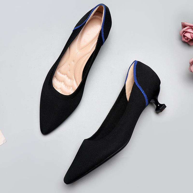 Spring and Autumn Flying Knitted Single Shoes Middle Heel Knitted Flying Thread Knitted Thin Heel Cat Heel Ladle Shoes