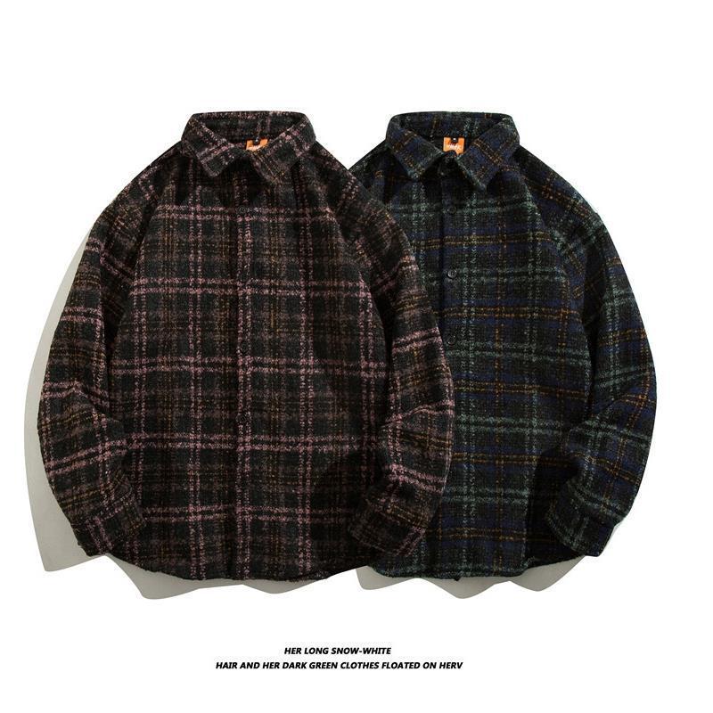 

Men s Japanese Plaid Wool Shirt: Retro Korean Style Long Sleeve for Autumn/Winter Large
