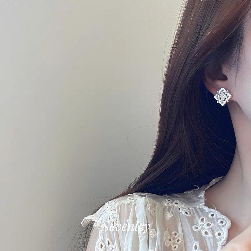 925 Sterling Silver Vintage Earrings For Women Trendy Square Flower Shape CZ Earring Jewelry Prevent Allergy Party Accessories