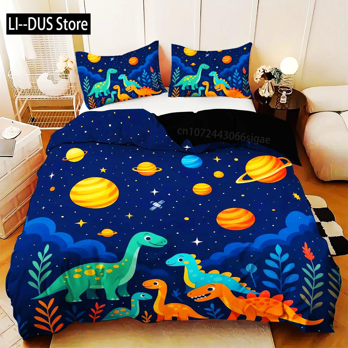 

3pcs Cartoon Dinosaur Pattern Printed Bedding set, 1*quilt cover+2*pillowcase, Suitable For King bed, Single Bed For All Seasons EU single(135x200cm)