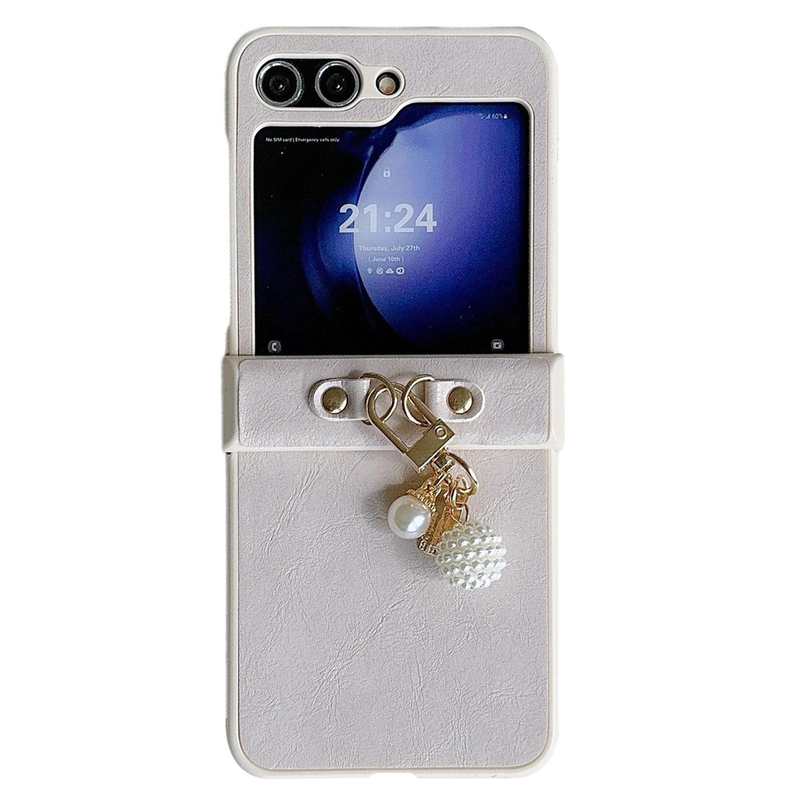 

Чехол для Samsung Galaxy Z Flip5 5G из ПУ кожи+ПК, телефонная накладка с подвеской, текстура Crazy Horse White