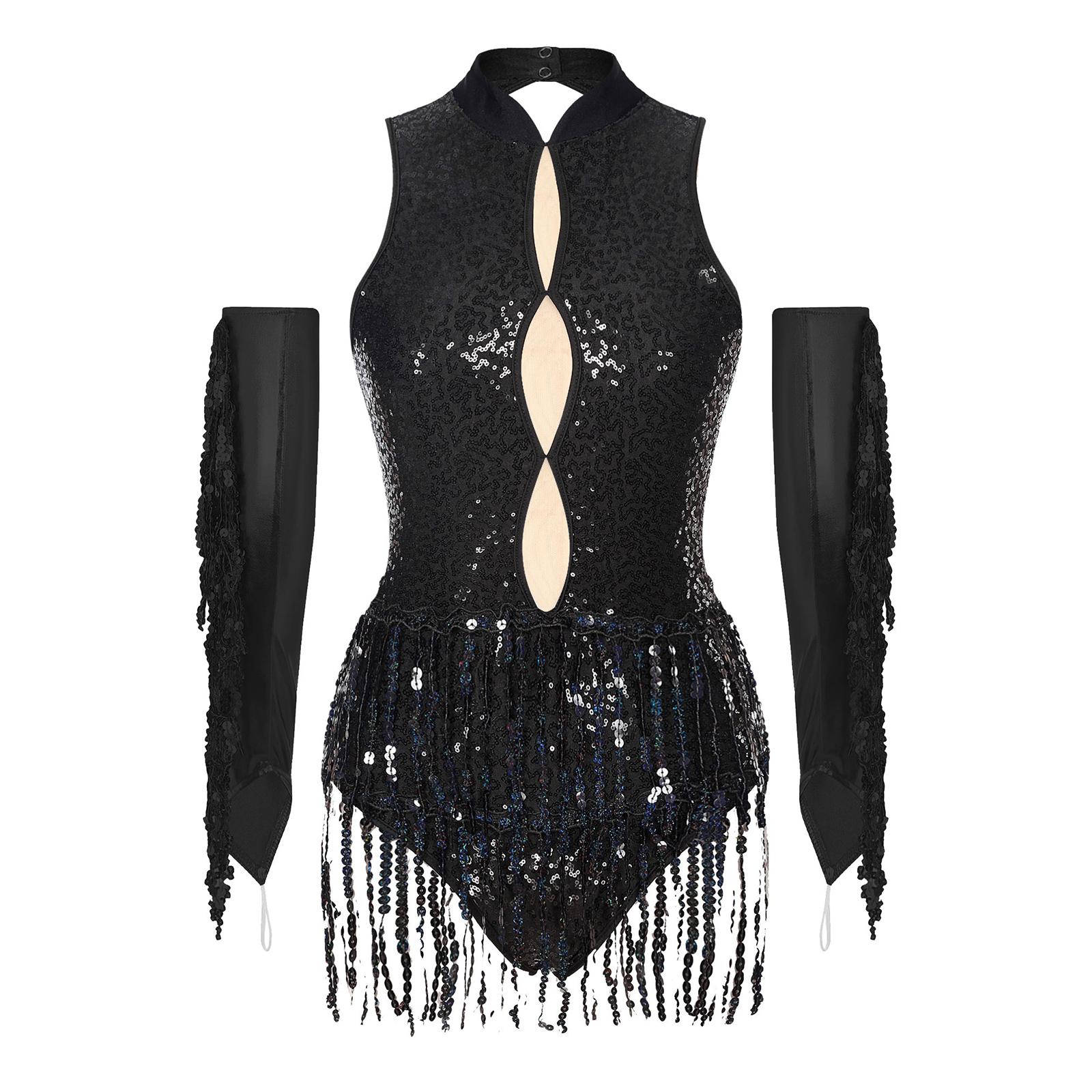 

Женский купальник для танцев с вырезом на спине без рукавов, блестящий, с пайетками, с кисточками, латинский костюм для выступлений с металлическими перчатками S чёрный