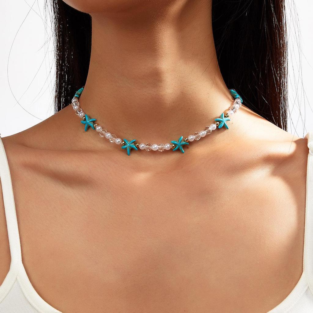 Bohemian Faux Pearl & Turquoise Starfish Ethnic Choker Necklace