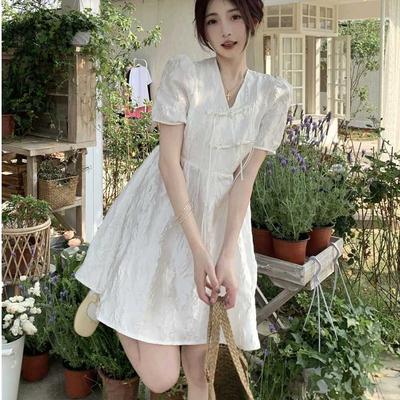 Summer New Bubble Sleeves White Jacquard Short Skirt Women's Large Size Fat Sister Covering the Hips and Showing Thinness, National Style Disc Buckle