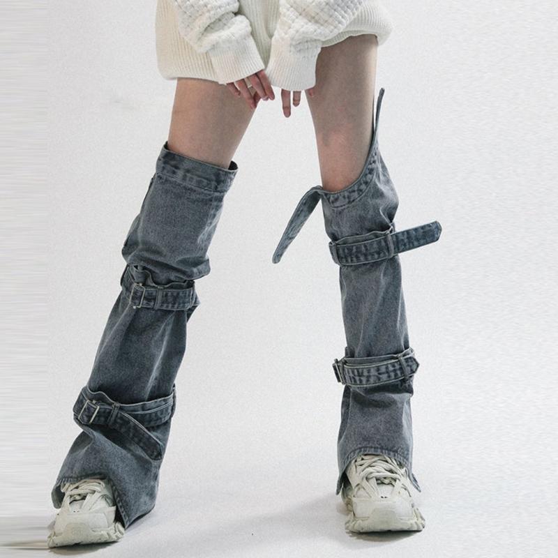 Womens Harajuku Punk Rock Denim Leg Warmer Socks Gothic Bandage Buckled Knee High Foot Cover Aesthetic Grunge Streetwear