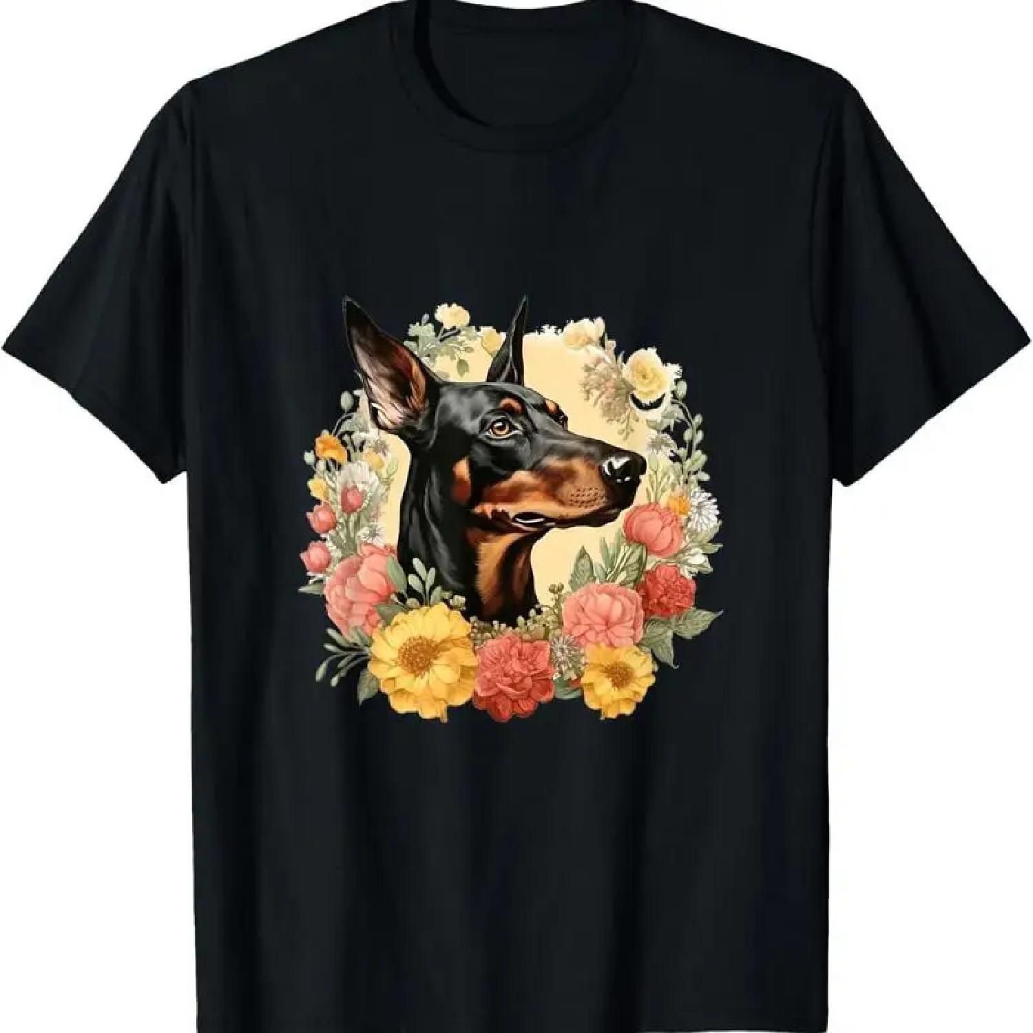 Doberman Pinscher Dog With Flowers Vintage Floral Border T Shirt S