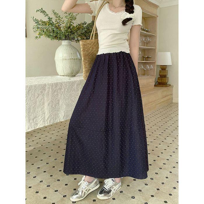 French Polka Dot A-word Skirt Children's Summer Loose and Thin Drape Large Size Fairy Princess Cake Medium Dress