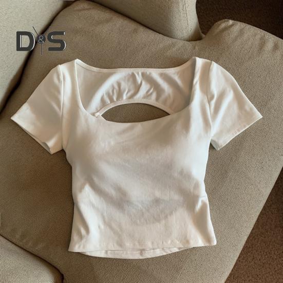 Damen T-Shirt mit quadratischem Kragen, kurzärmelig, mit Hohlkreuz, einfarbig, schmale Passform, kurze Oberteile für den Alltag